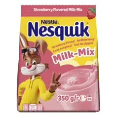 Pudra Nesquik Milk-Mix pentru amestec cu lapte, ambalaj clasic cu aroma de capsuni.